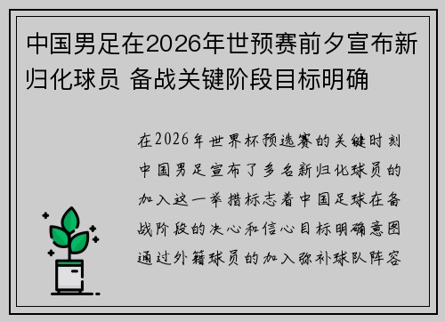 中国男足在2026年世预赛前夕宣布新归化球员 备战关键阶段目标明确 中国男足在2026年世预赛前夕宣布新归化球员 备战关键阶段目标明确
