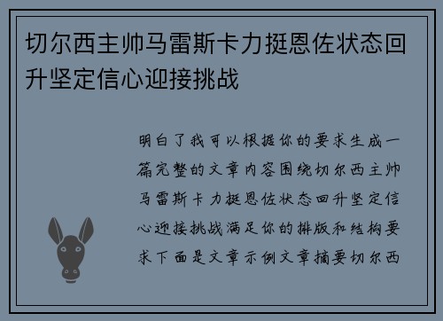 切尔西主帅马雷斯卡力挺恩佐状态回升坚定信心迎接挑战 切尔西主帅马雷斯卡力挺恩佐状态回升坚定信心迎接挑战