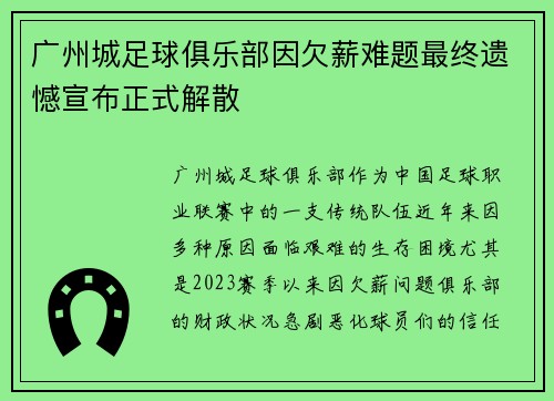 广州城足球俱乐部因欠薪难题最终遗憾宣布正式解散 广州城足球俱乐部因欠薪难题最终遗憾宣布正式解散
